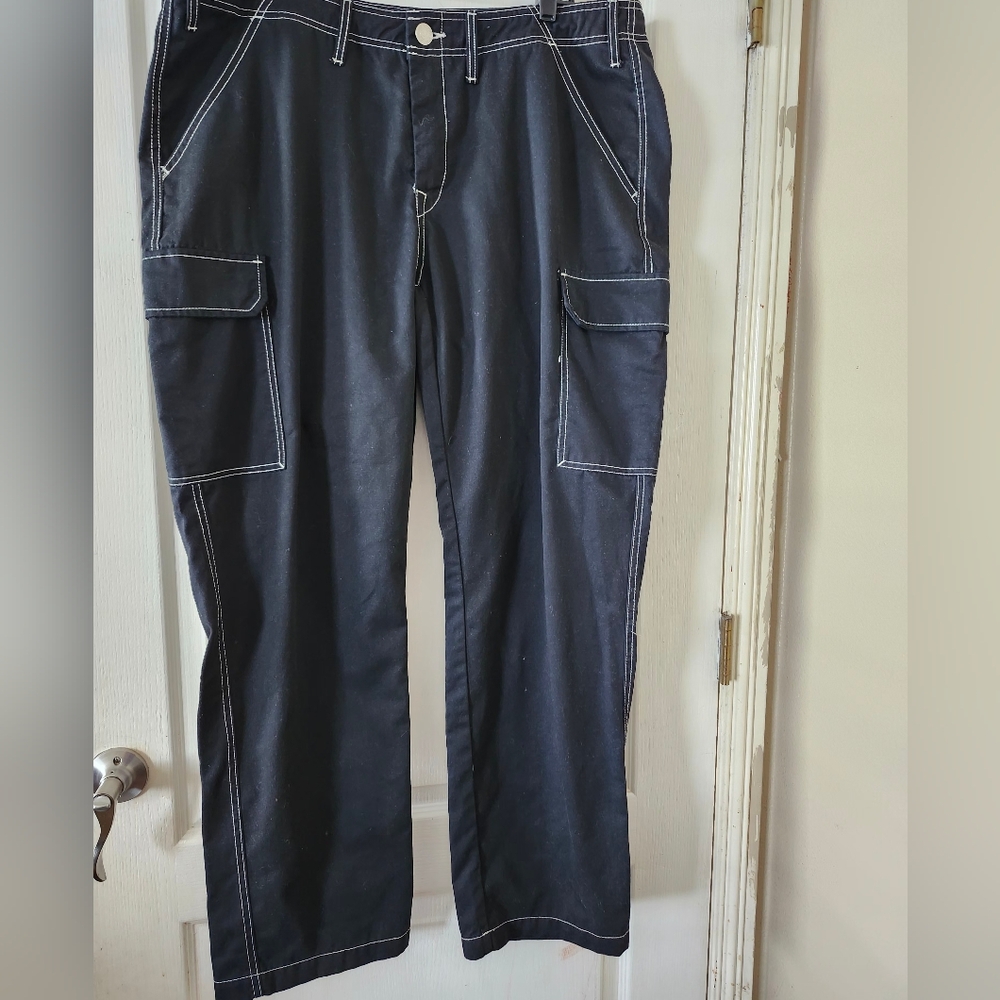True Religion Black Cargo Pants with White Detailing.
